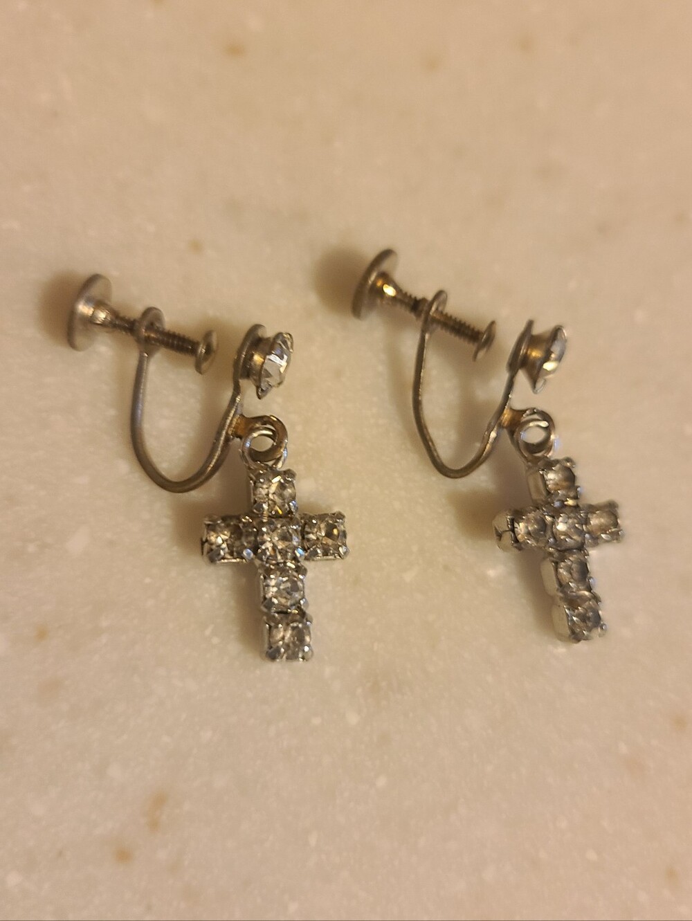 Vintage Silver Crystal Cross Screw-Back Earrings - Clear